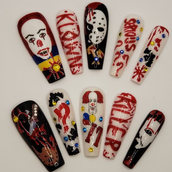 Halloween Long Coffin Press on Nails " Killer Klowns... " - Picture 2 of 9